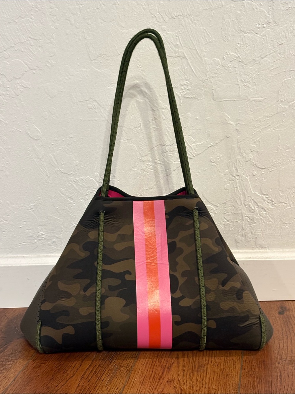 Haute Shore Neoprene Camo Tote Pink Stripe Expandable Shoulder Bag